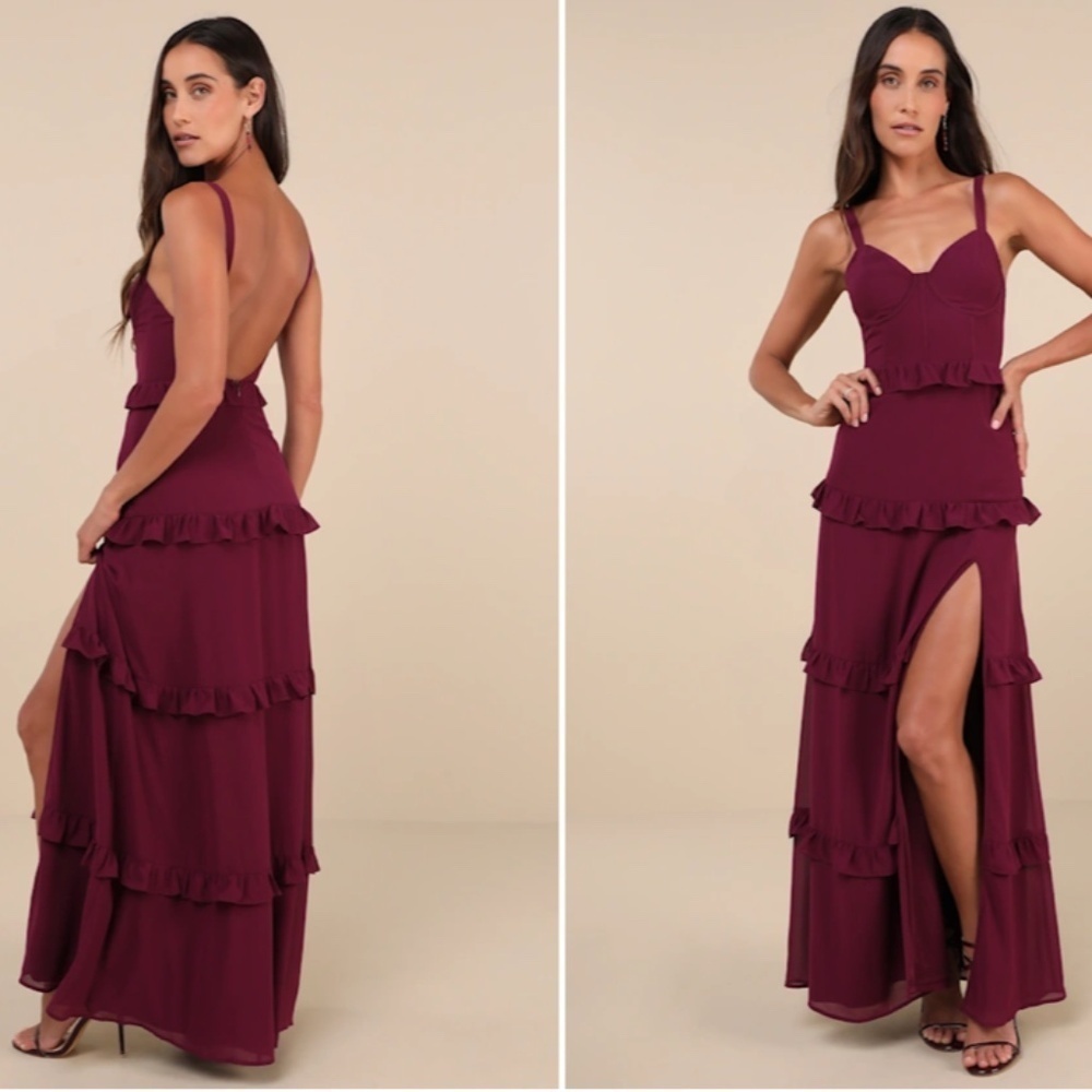 LULU's Holiday Bustier Sexy Flowy Prom Wedding Chic Flowy Ruffles Maxi Dress